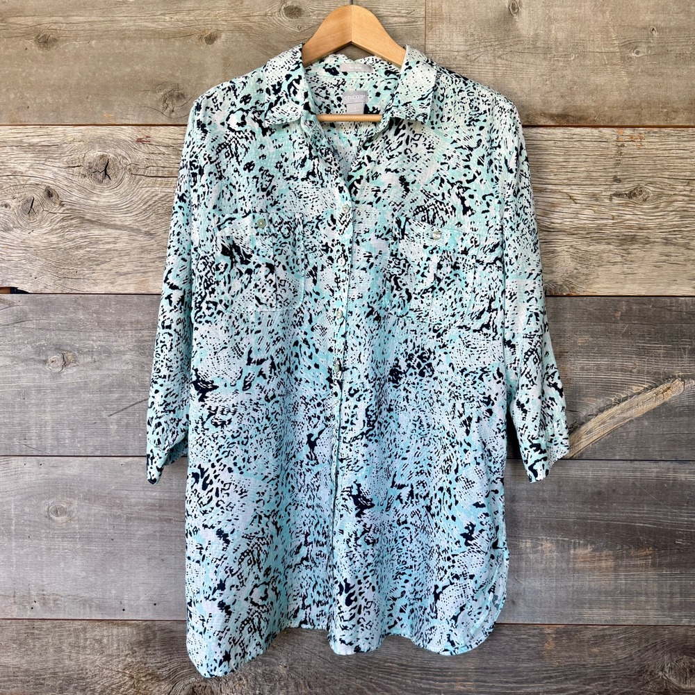 Chicos No Iron Button Up Linen Tunic Shirt XL 16 (3) Aqua Pattern Coastal Summer